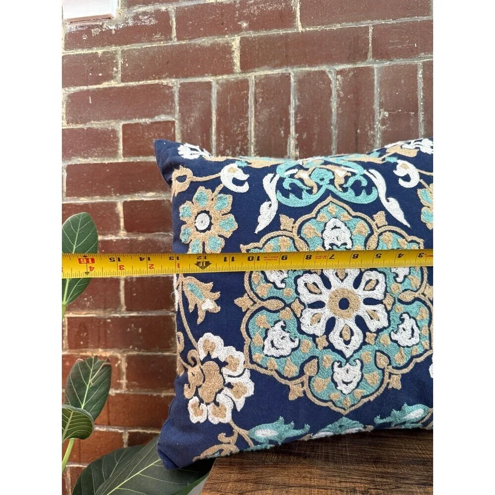 Blue floral embroidered, throw pillow